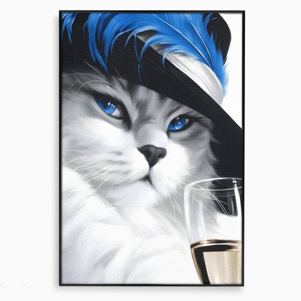 Tablou canvas cu tablou canvas cu pisica aristocrata si palarie, in rama de aluminiu negru